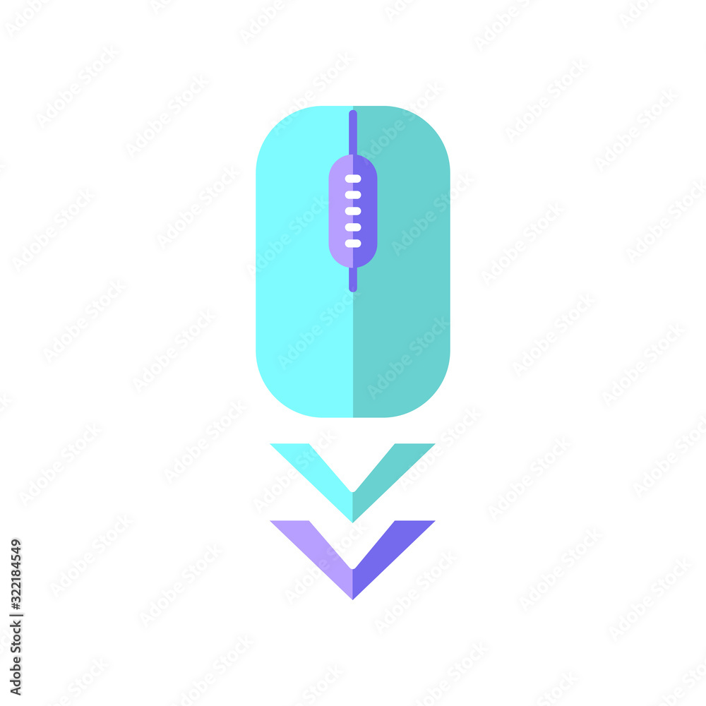 Scrolling mouse flat design cartoon RGB color icon. Internet page browsing gesture, down arrowheads indicator. PC mouse and arrow. Modern computer element. Web cursor. Vector silhouette illustration Scrolling mouse flat design cartoon RGB color icon. Internet page browsing gesture, down arrowheads indicator. PC mouse and arrow. Modern computer element. Web cursor. Vector silhouette illustration