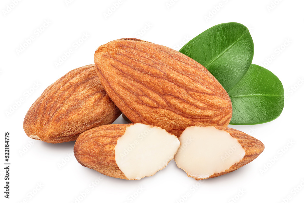 Almonds nuts with leaves isolated on white background with clipping path and full depth of field. Almonds nuts with leaves isolated on white background with clipping path and full depth of field.