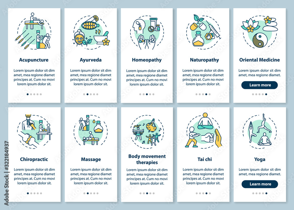 Complementary therapies onboarding mobile app page screen with concepts set. Alternative medicine types walkthrough five steps graphic instructions. UI vector template with RGB color illustrations - obrazy, fototapety, plakaty 