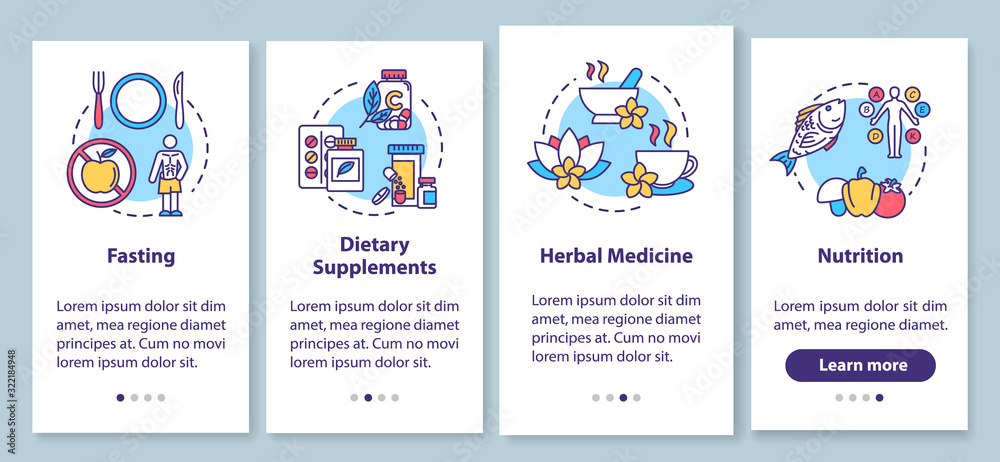 Diets and herbs onboarding mobile app page screen with concepts. Healthy nutrition and dietary supplements walkthrough four steps graphic instructions. UI vector template with RGB color illustrations