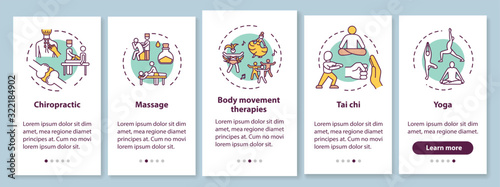 Sensory medicine onboarding mobile app page screen with concepts. Alternative healing techniques walkthrough five steps graphic instructions. UI vector template with RGB color illustrations