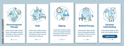 External energy medicine onboarding mobile app page screen with concepts. Reiki, qigong, biofield therapy walkthrough five steps graphic instructions. UI vector template with RGB color illustrations