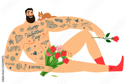Valentine's Day sexy men with tattoos, flowers and cat.