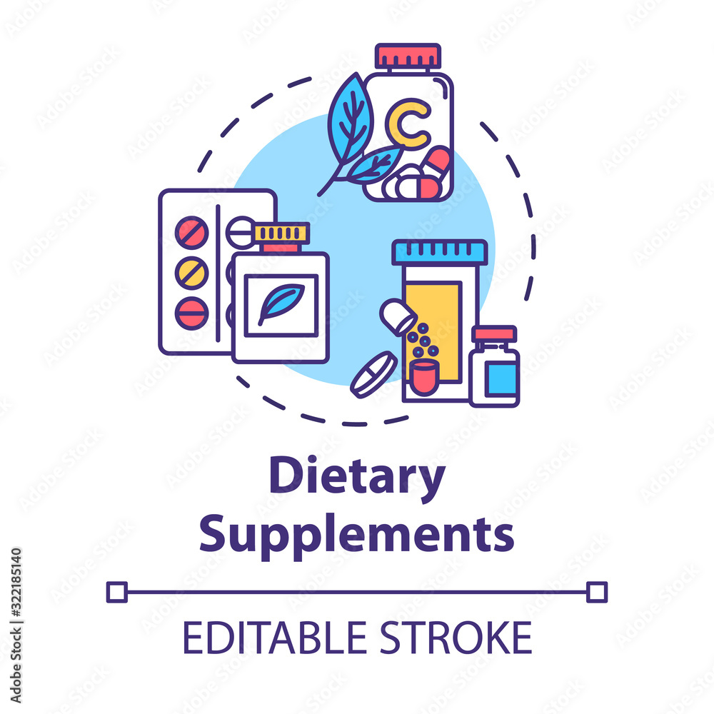 Dietary supplements concept icon. Alternative medicine idea thin line illustration. Concentrated nutrients and vitamins consumption. Vector isolated outline RGB color drawing. Editable stroke Dietary supplements concept icon. Alternative medicine idea thin line illustration. Concentrated nutrients and vitamins consumption. Vector isolated outline RGB color drawing. Editable stroke