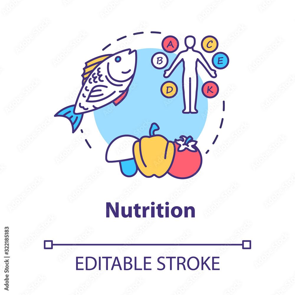 Nutrition concept icon. Healthy eating, balanced diet idea thin line illustration. Nutrient products, vitamins consumption. Vector isolated outline RGB color drawing. Editable stroke Nutrition concept icon. Healthy eating, balanced diet idea thin line illustration. Nutrient products, vitamins consumption. Vector isolated outline RGB color drawing. Editable stroke