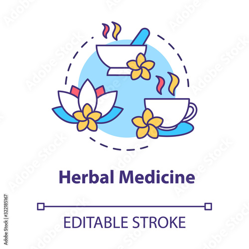 Herbal medicine concept icon. Alternative therapy, herbalism idea thin line illustration. Traditional treatment with medicinal plants. Vector isolated outline RGB color drawing. Editable stroke