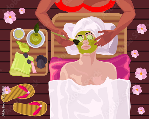 Facial treatments by avocado pulp mask at a Hawaii hotel. Vector illustration