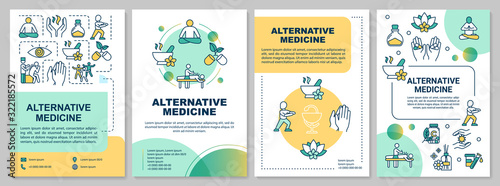 Alternative medicine brochure template. Physical and spiritual healing flyer, booklet, leaflet print, cover design with linear icons. Vector layouts for magazines, annual reports, advertising posters photo