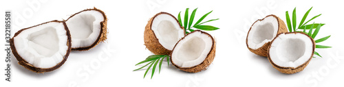 coconut with leaves isolated on white background. Set or collection