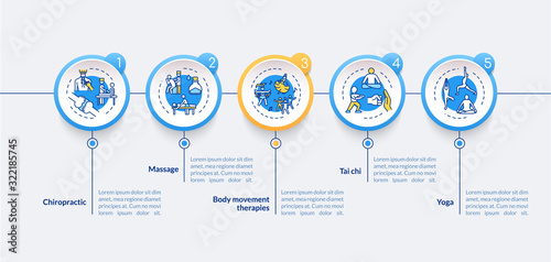 Sensory medicine vector infographic template. Complementary therapy presentation design elements. Data visualization with five steps. Process timeline chart. Workflow layout with linear icons