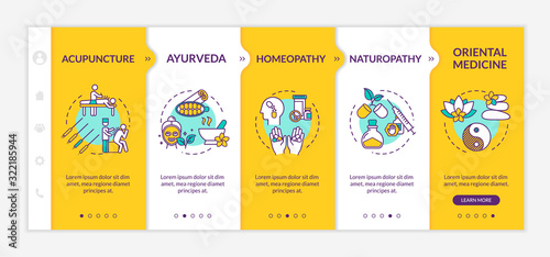 Traditional alternative medicine onboarding vector template. Complementary therapies, healing methods responsive mobile website with icons. Webpage walkthrough step screens. RGB color concept