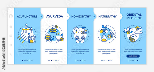 Alternative medicine onboarding vector template. Responsive mobile website with icons. Acupuncture, ayurveda, homeopathy and naturopathy webpage walkthrough step screens. RGB color concept