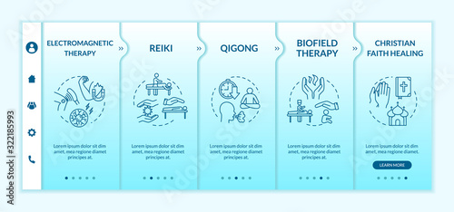 Alternative medicine onboarding vector template. Responsive mobile website with icons. Electromagnetic therapy, reiki and christian faith healing webpage walkthrough step screens. RGB color concept