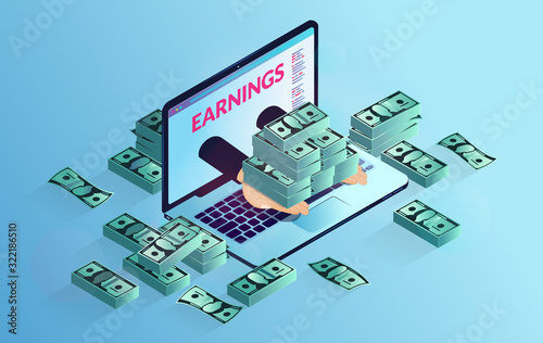 Earn money online - Hands coming out of laptop computer with lots of money. Profits on digital projects, salary and passive income concept. Isometric vector illustration.