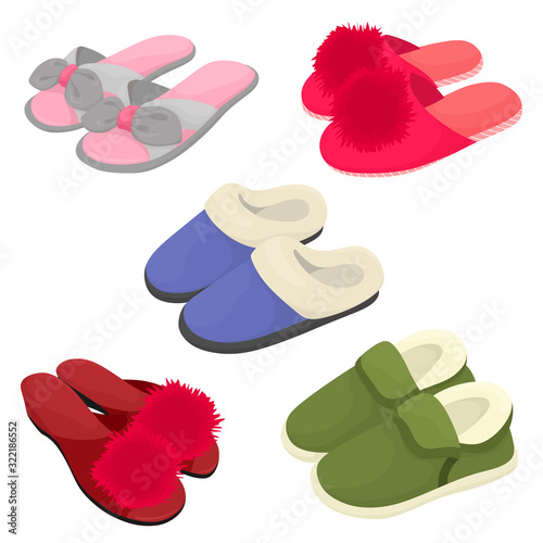 Set of home slippers, warm and summer slippers with pompons .. Vector isolates in cartoon flat style.