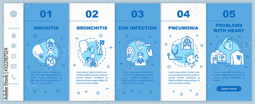 Influenza virus onboarding vector template. Otitis diagnosis. Vitamin intake. Chest pain. Lung problem. Responsive mobile website with icons. Webpage walkthrough step screens. RGB color concept