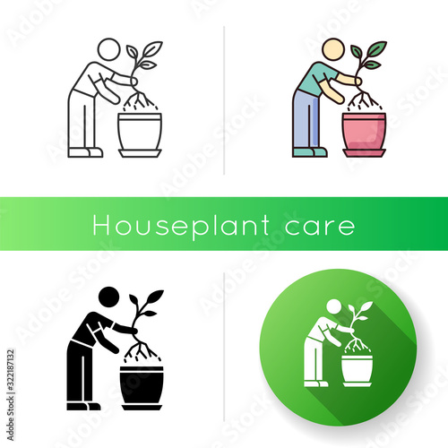 Replanting icon. Houseplant care. Transplanting. Indoor gardening. Plant growing process. Changing planter. Planting seedling. Linear black and RGB color styles. Isolated vector illustrations