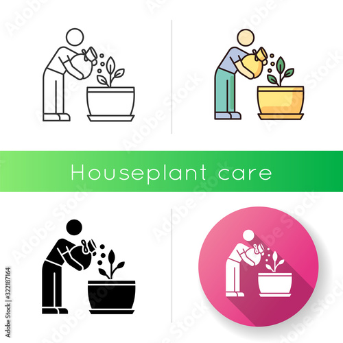 Fertilizing seedling icon. Feeding sapling. Houseplant care. Plant growing, planting. Indoor gardening. Growth supplements, amendments. Linear black and RGB color styles. Isolated vector illustrations