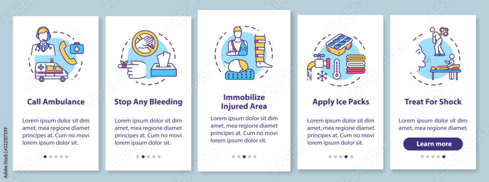 Naklejka premium First aid, injury treatment recommendations onboarding mobile app page screen with concepts. Therapy methods walkthrough 5 steps graphic instructions. UI vector template with RGB color illustrations