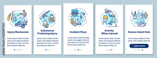 Injury mechanism onboarding mobile app page screen with concepts. Incident producing substances walkthrough 5 steps graphic instructions. UI vector template with RGB color illustrations