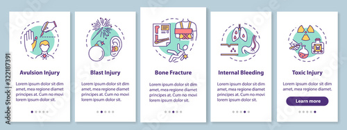 Injury types onboarding mobile app page screen with concepts. Avulsion and blast, fracture and intoxication walkthrough 5 steps graphic instructions. UI vector template with RGB color illustrations