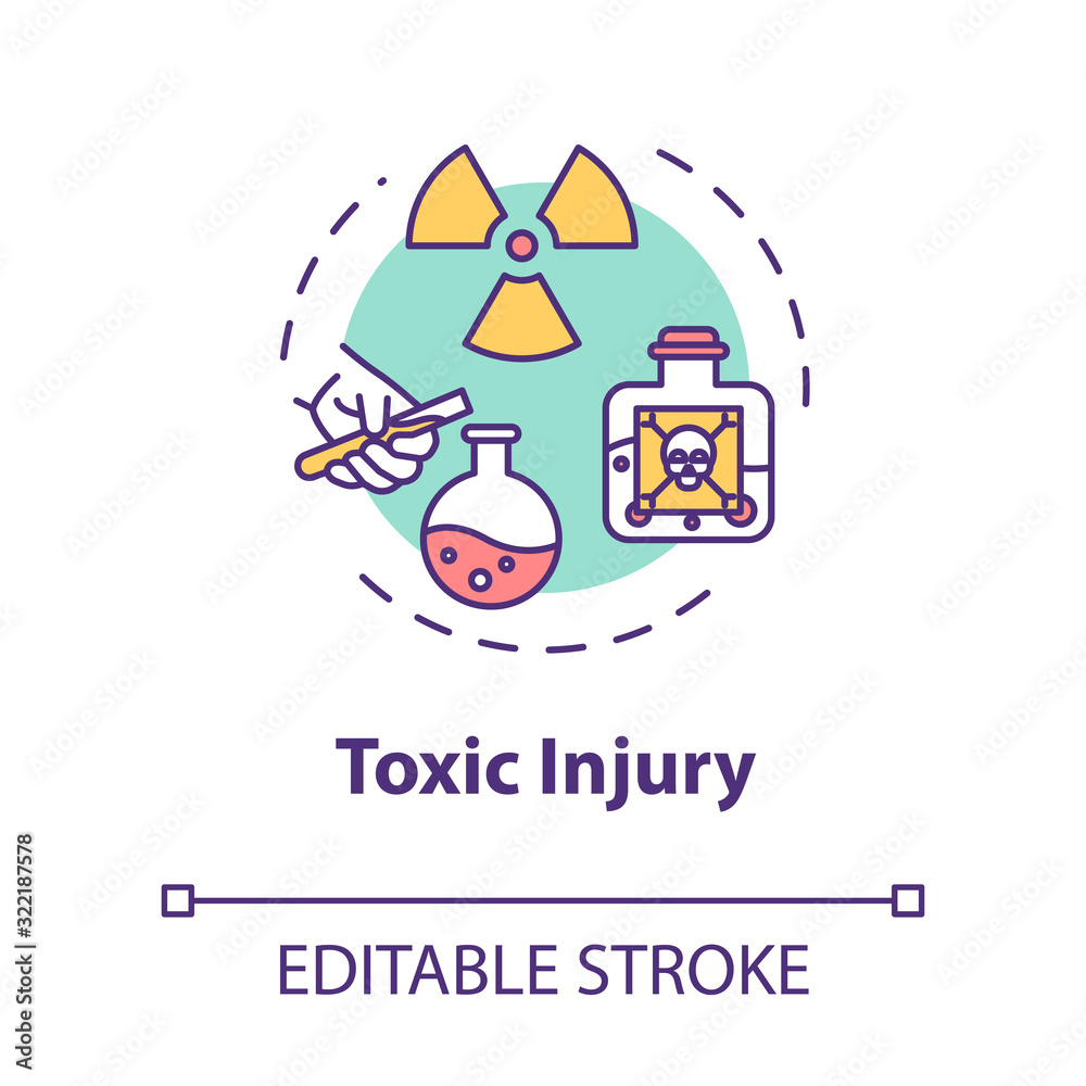Toxic injury, poisonous substance influence result concept icon. Traumatism, radiation, radioactive material action thin line illustration. Vector isolated outline RGB color drawing. Editable stroke