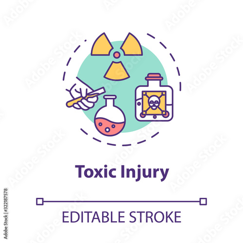 Toxic injury, poisonous substance influence result concept icon. Traumatism, radiation, radioactive material action thin line illustration. Vector isolated outline RGB color drawing. Editable stroke