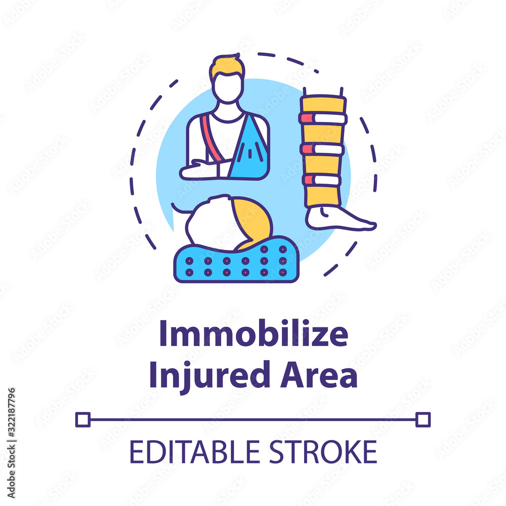Immobilize injured area, first aid step concept icon. Fracture and sprains treatment, limb and spine trauma therapy thin line illustration. Vector isolated outline RGB color drawing. Editable stroke