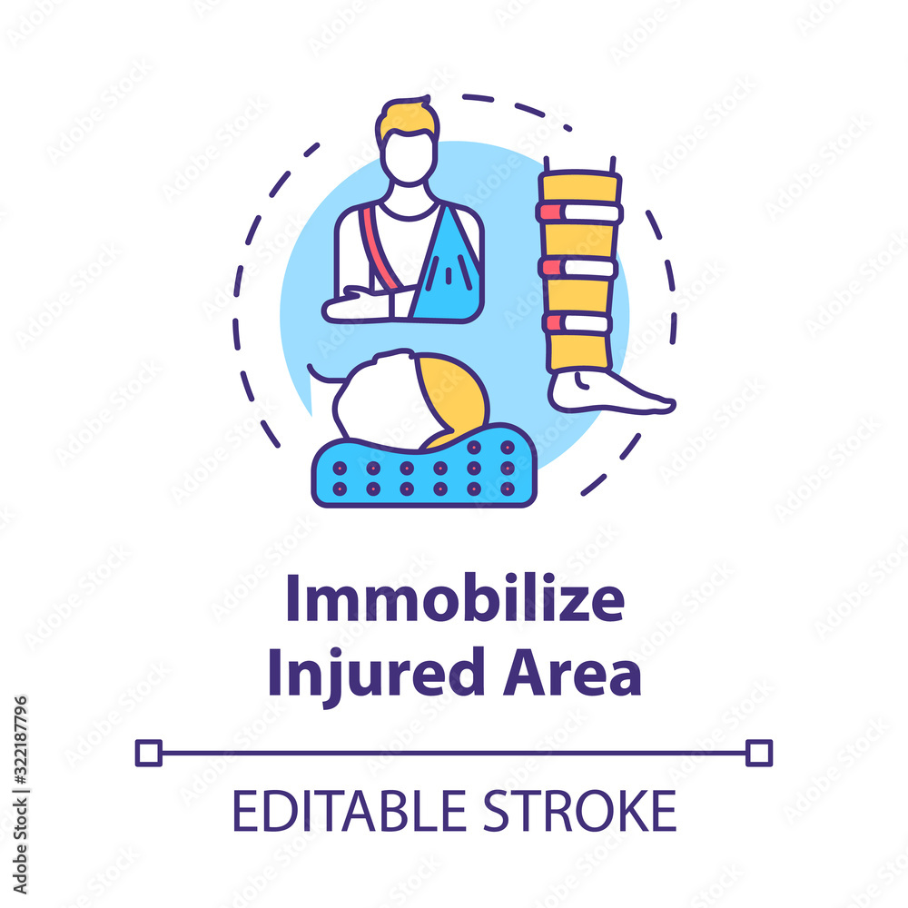Immobilize injured area, first aid step concept icon. Fracture and sprains treatment, limb and spine trauma therapy thin line illustration. Vector isolated outline RGB color drawing. Editable stroke Immobilize injured area, first aid step concept icon. Fracture and sprains treatment, limb and spine trauma therapy thin line illustration. Vector isolated outline RGB color drawing. Editable stroke