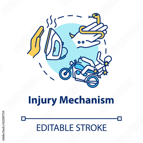 Injury mechanism, trauma factors concept icon. Traumatism, iron burn and traffic accident, snakebite thin line illustration. Vector isolated outline RGB color drawing. Editable stroke