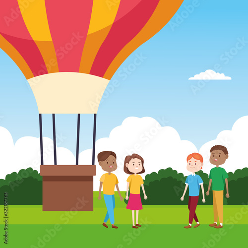 hot air balloon and people standing over landscape background