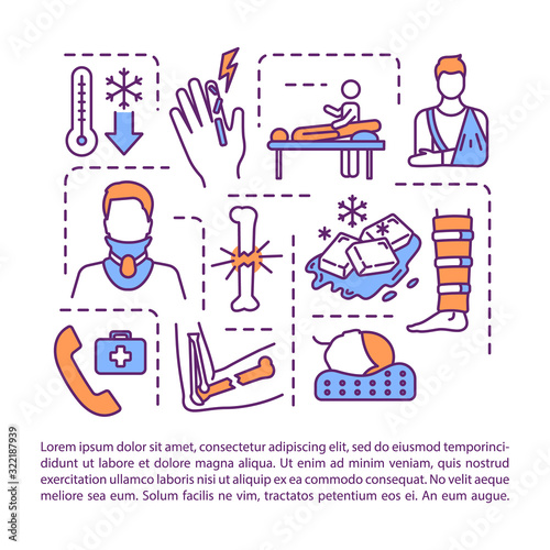 First aid concept icon with text. Bone fracture treatment recommendations, injury therapy PPT page vector template. Brochure, magazine, booklet design element with linear illustrations