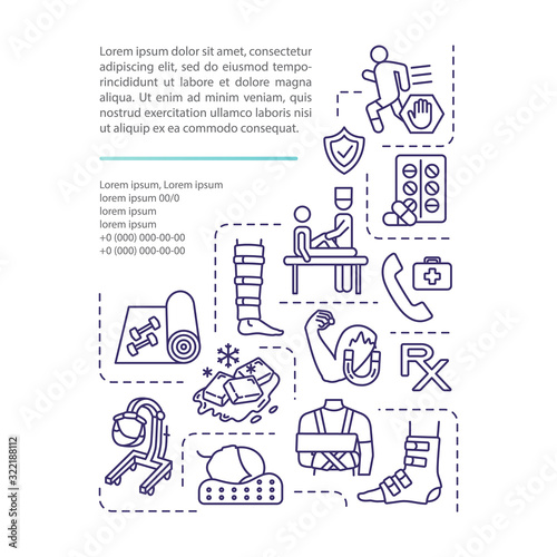 Sports trauma first aid concept icon with text. Gym and fitness trauma treatment and therapy PPT page vector template. Brochure, magazine, booklet design element with linear illustrations