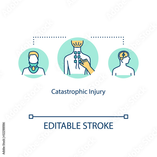 Catastrophic injury, spinal trauma concept icon. Anatomical abnormality, paralysis, cerebral contusion idea thin line illustration. Vector isolated outline RGB color drawing. Editable stroke