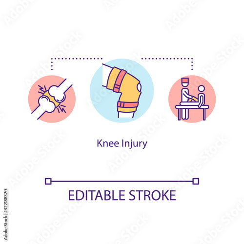 Knee injury, traumatism concept icon. Orthopedics, kneecap fracrure, meniscus removal, tendon sprain idea thin line illustration. Vector isolated outline RGB color drawing. Editable stroke