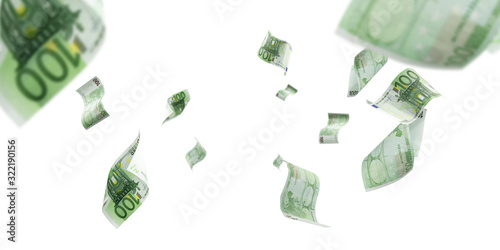Banknote european cash. Falling money on whote isolated background. photo