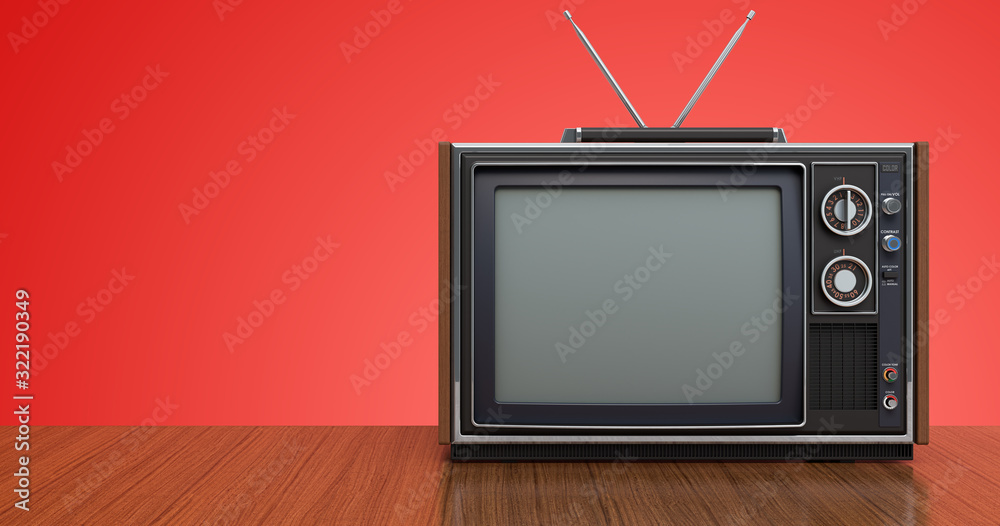 Retro TV set on the wood table, 3D rendering