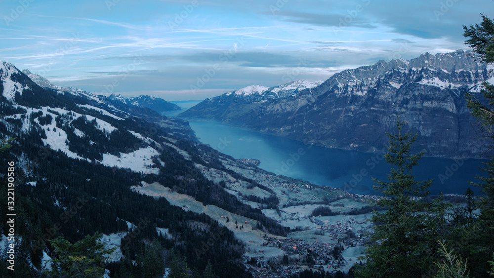 Walensee  at Dawn, seen from Flumserberg in the Swiss Alps