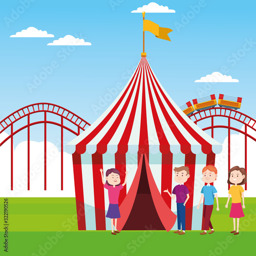 fair tent and people standing over roller coaster and landscape background