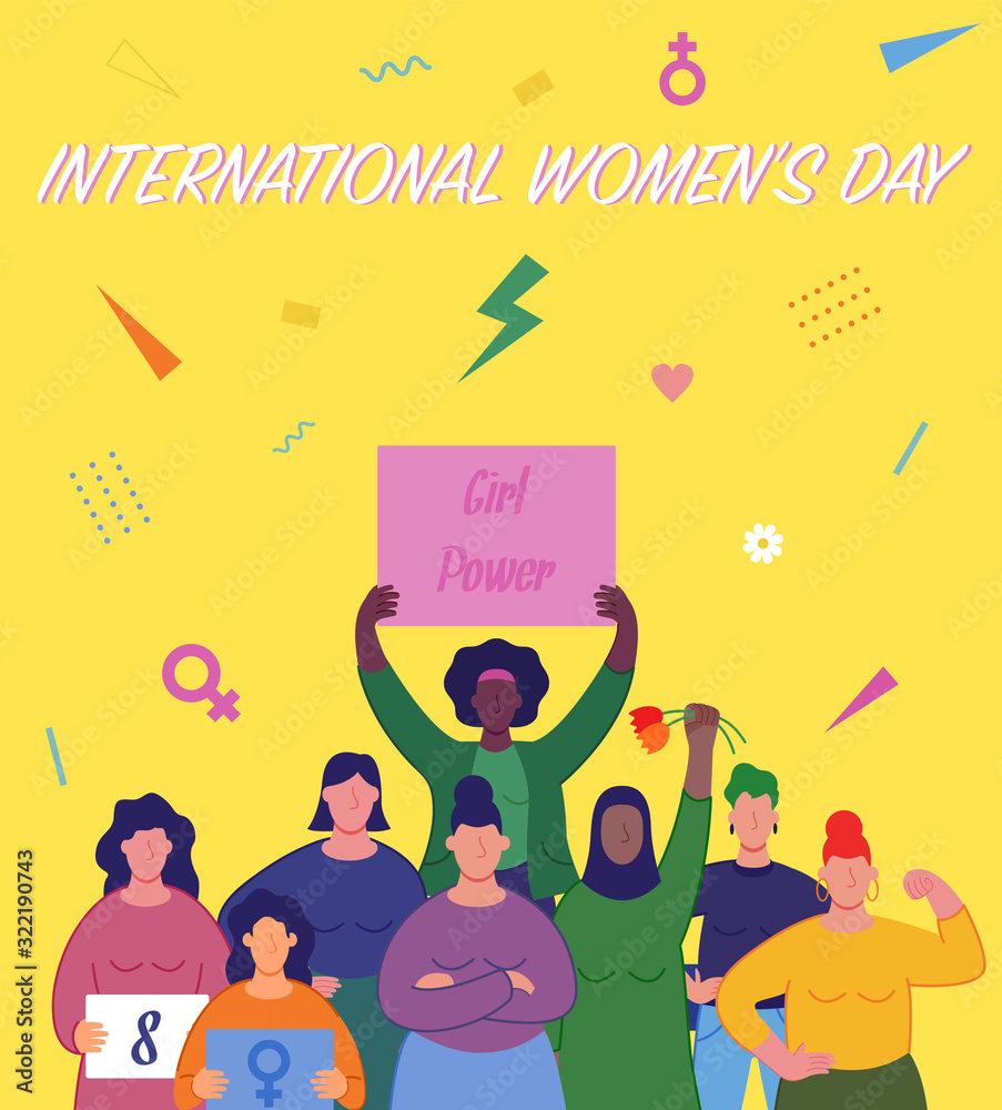 Fototapeta premium International women's day. Women of different cultures and nationalities fight for freedom and equality. Women's day concept. Vector