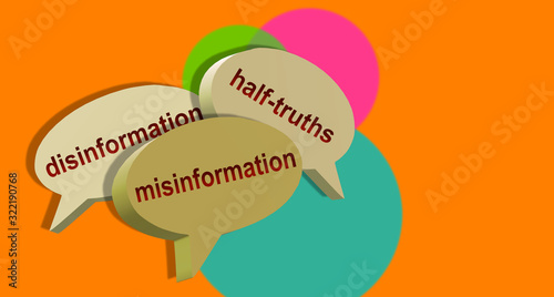 Three speech bubbles. Disinformation, half-truths and misinformation in dialog balloons. 3d illustration combining light tones and orange background with abstract effect, creating a strong contrast. photo