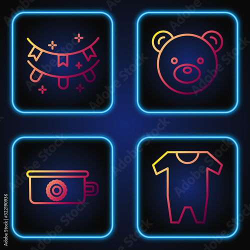 Set line Baby clothes, Baby potty, Carnival garland with flags and Teddy bear plush toy. Gradient color icons. Vector