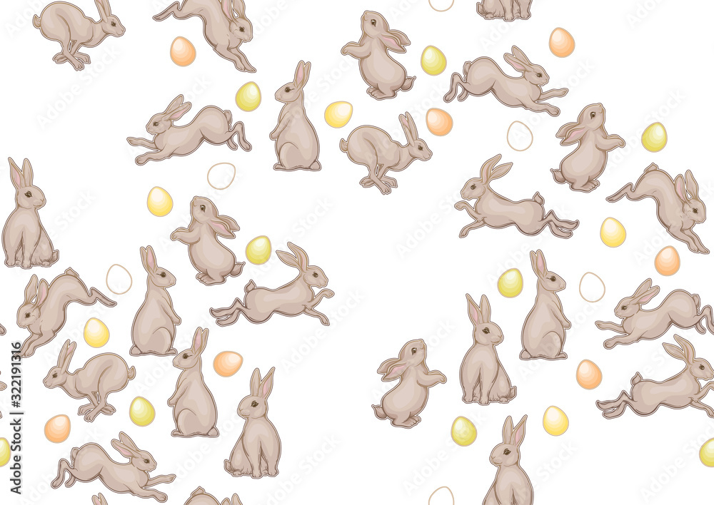 Seamless pattern with a hares, colored eggs for easter. Colored vector illustration. In art nouveau style, vintage, old, retro style. Isolated on white background.
