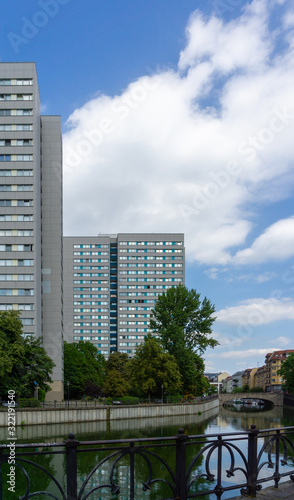 Facade of a prefabricated public housing building in Berlin, Germany