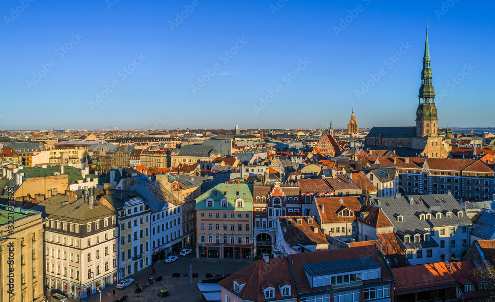 Fototapeta premium Beautiful aerial panorama view of Riga city skyline, Latvia