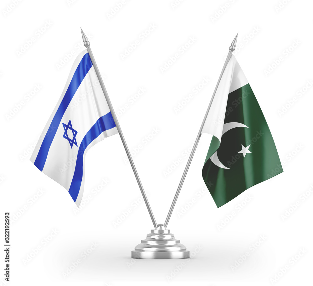 Pakistan and Israel table flags isolated on white 3D rendering Pakistan and Israel table flags isolated on white 3D rendering