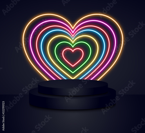 3d black cylinder podium minimal studio colorful neon heart wall background. Abstract 3d geometric shape