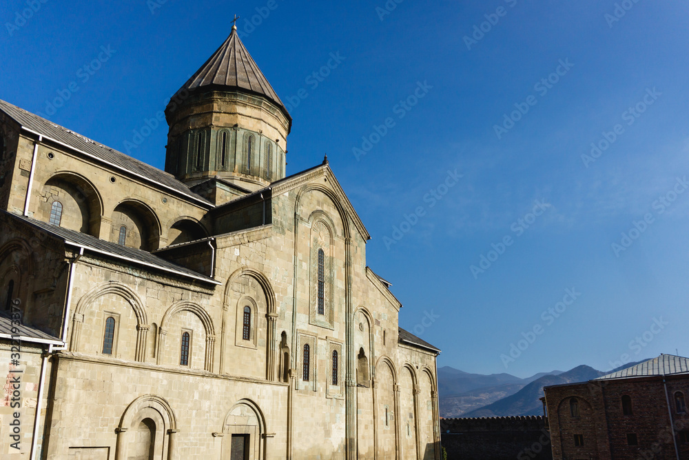Svetitskhoveli Cathedral monastery indoor. Orthodox church exterior in Georgia. Eastern Christian catholic religion building.