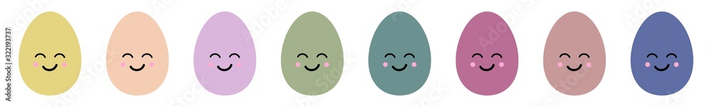 Obraz premium Easter Egg Cute Face Icon Pastel Color | Painted Smiling Eggs Illustration | Happy Easter Hunt Symbol | Holiday Logo | April Spring Sign | Isolated | Variations