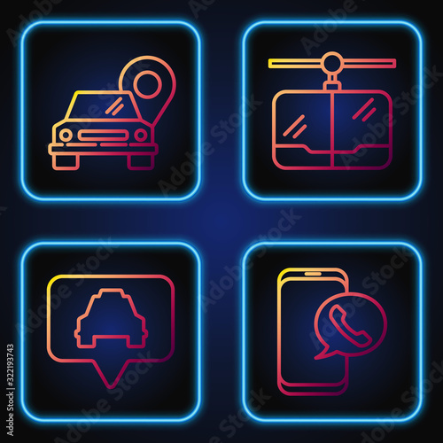 Set line Taxi call telephone service, Map pointer with taxi, Map pointer with taxi and Cable car. Gradient color icons. Vector